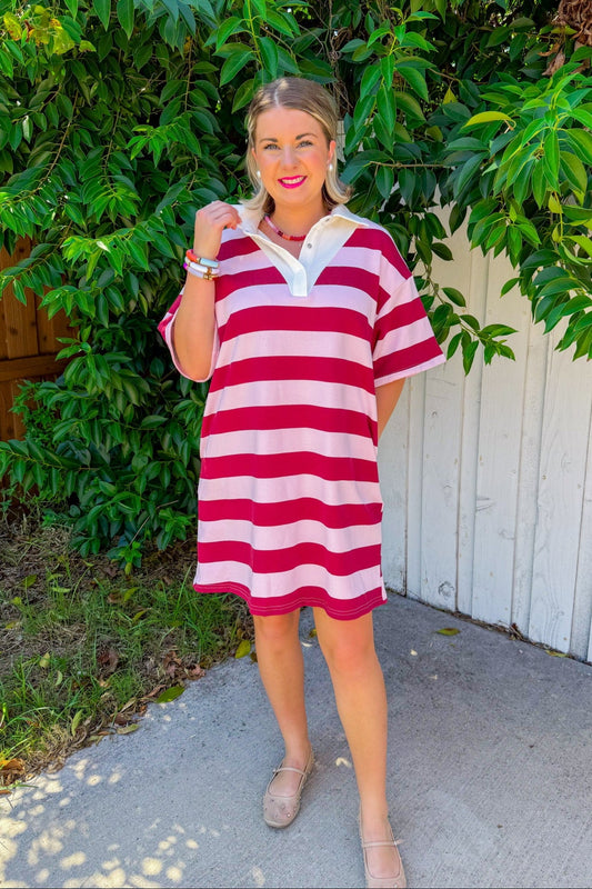 Varsity Blues Mini Dress - Burgundy/Pink